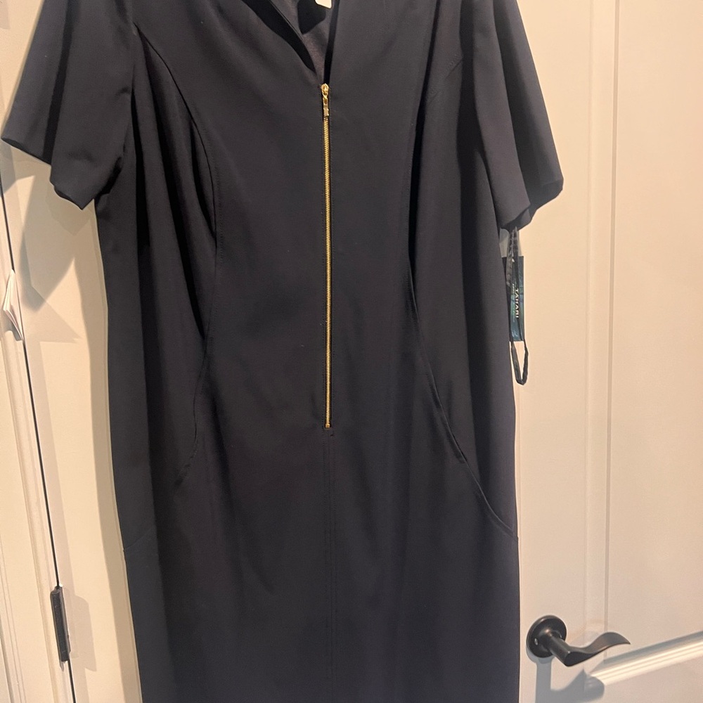 Tahari Black and Gold Midi Sheath Dress with V-Neck